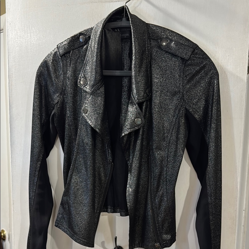Armani Exchange SP Black Metallic Shimmer Women's Moto Jacket Cropped
